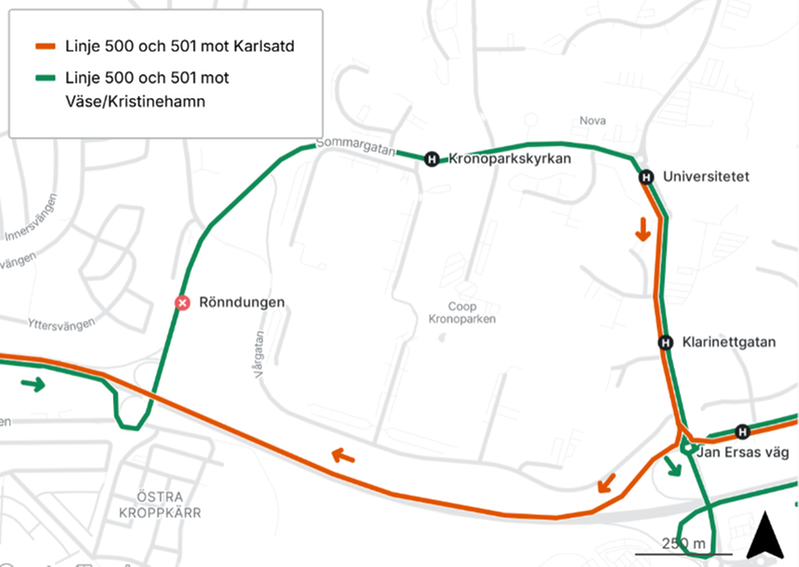 Kartan visar körvägen för linje 500 och 501