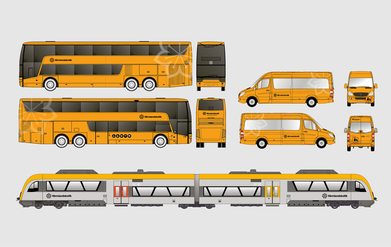 Exempel på fordon med Värmlandstrafiks design.